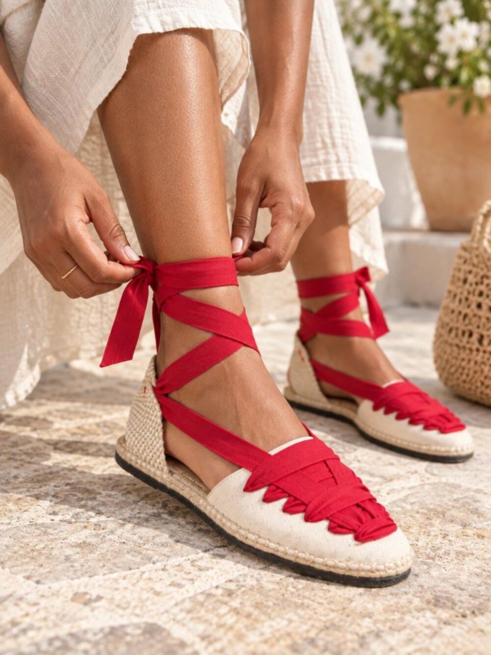 Loeffler Randall Wilson Espadrille Flats Womens Cream Red 9.5 Ankle Wrap NWT